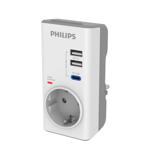 PHILIPS CHP8010W/10, Tekli, Akım Korumalı Priz, PD Hızlı Şarj, 1xUSB-C, 2xUSB-A, (Beyaz)