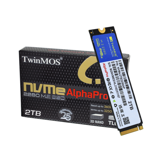 TwinMOS NVMe2TB2280AP, AlphaPro, 2TB, 3600-3250Mb/s, Gen3, NVMe PCIe M.2 2280, SSD, TLC, 3DNAND