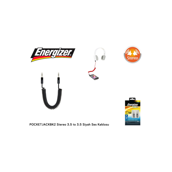 Energizer POCKETJACBK2, 1.5mt, Stereo, 3.5 TO 3.5 Siyah, Spiral, Ses Kablosu